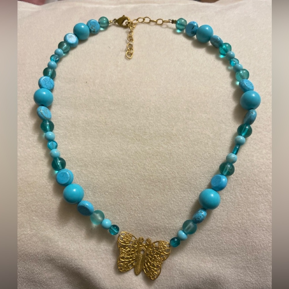 Gold Toned Butterfly Pendant Turquoise Necklace
